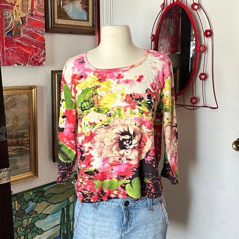 Norm Thompson norm thompson multicolor floral long sleeve shirt top Size L / US 10 / IT 46 - 1 Thumbnail