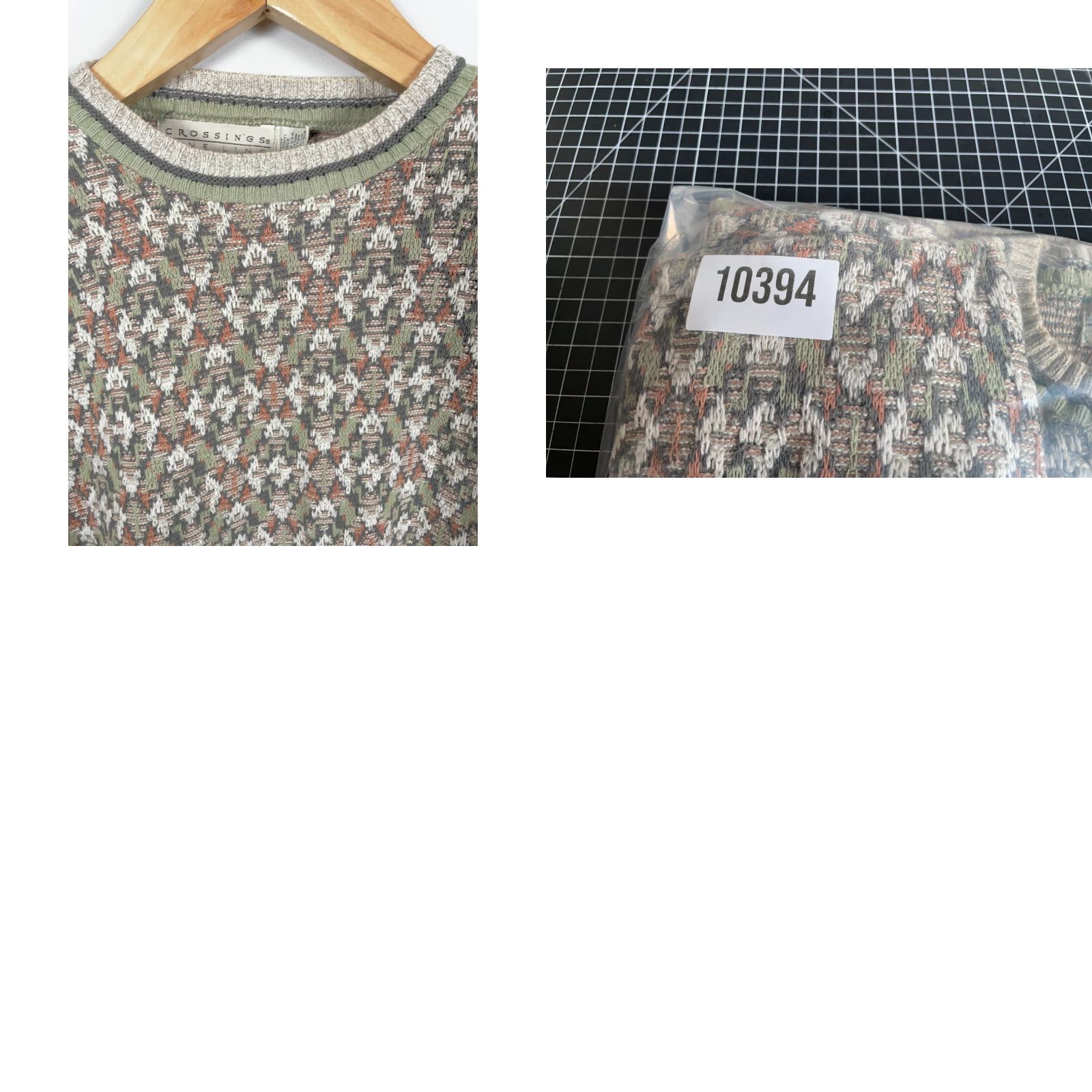 Vintage Crossings Sweater Mens Large Beig e Green Diamond Pattern 90s Textured Cotton-Acrylic Knit Crew Neck Vintage Pullover Casual Size US L / EU 52-54 / 3 - 9 Thumbnail