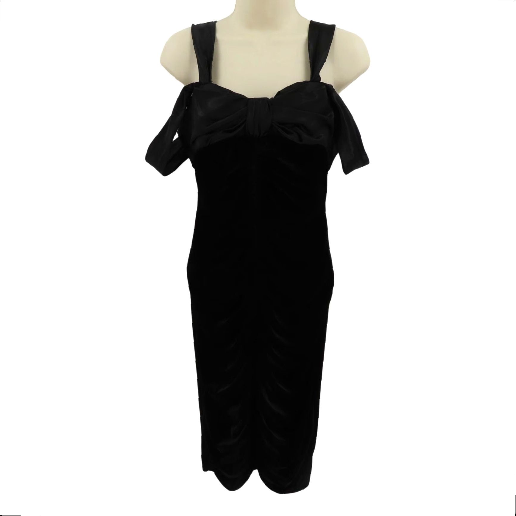 Velvet VINTAGE Whim Womens 6 Black Velvet Off Shoulder Satin Bow Ruched Front Cocktail Dress - Velvet Dress, Bow, Midi, Black, Womens, Size 6 Size M / US 6-8 / IT 42-44 - 2 Thumbnail
