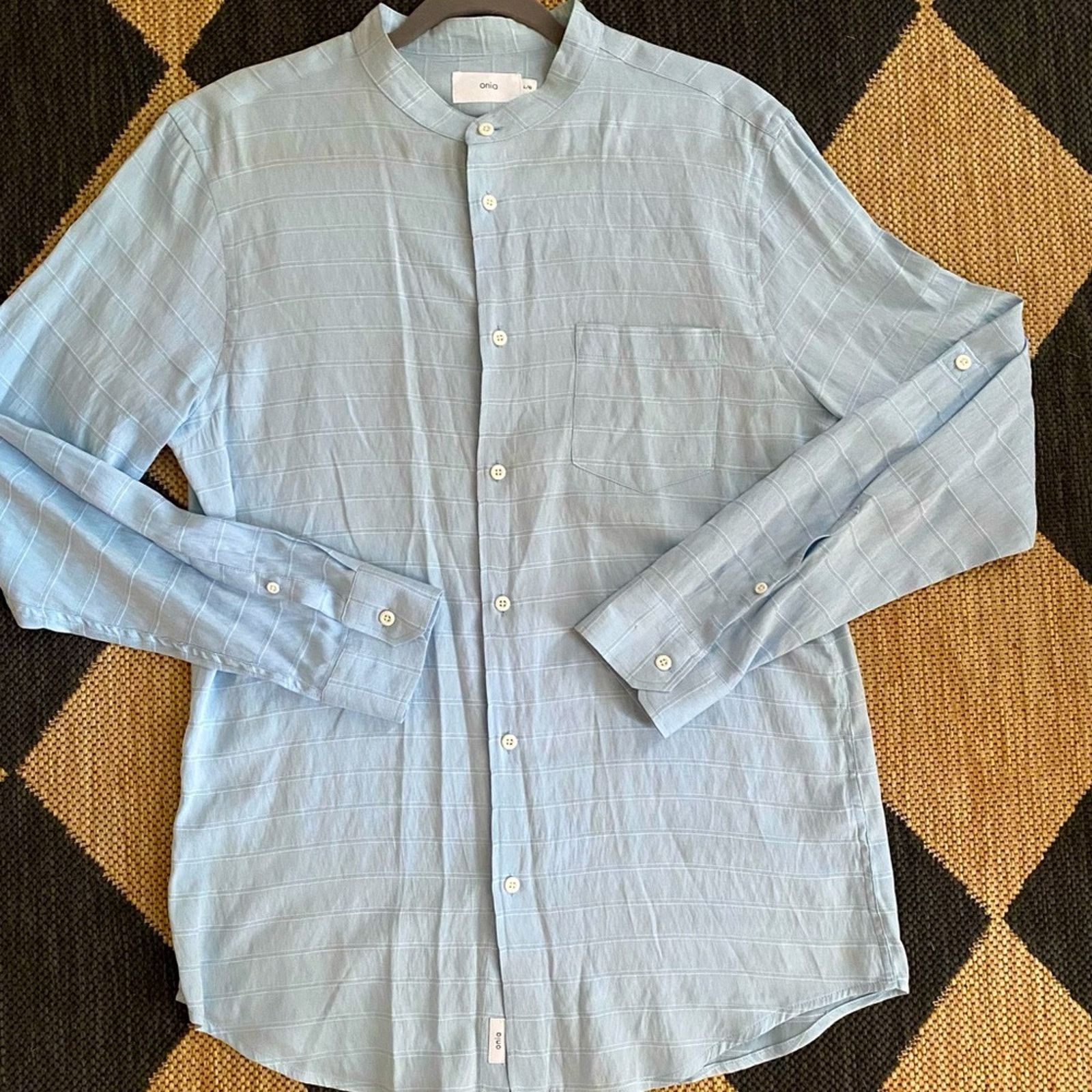 Onia ONIA Mens $189 Light Blue Mandarin Collar Shirt LG EUC Size US L / EU 52-54 / 3 - 2 Thumbnail