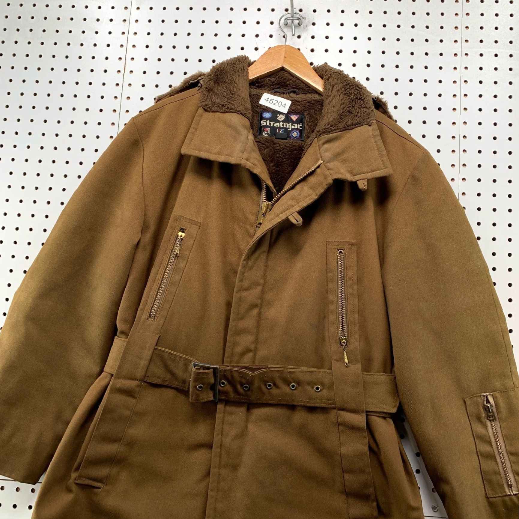 Vintage VINTAGE Stratojac Coat Mens 40 Brown Faux Fur Lined Belted Talon Zip Western 70s 80s Military Jacket Winter Fall Brown Mens Coat Size US XXS / EU 40 - 2 Thumbnail
