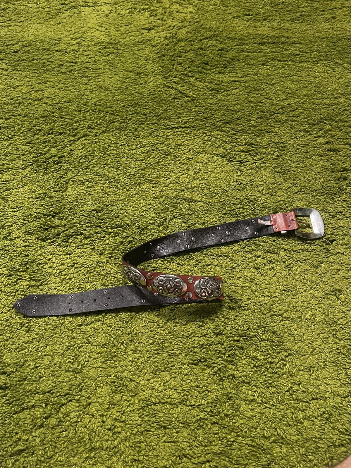 Cowboy Equipment × Genuine Leather × Vintage Nanni western cowboy style chrome plated leather belt Size 32 - 5 Thumbnail