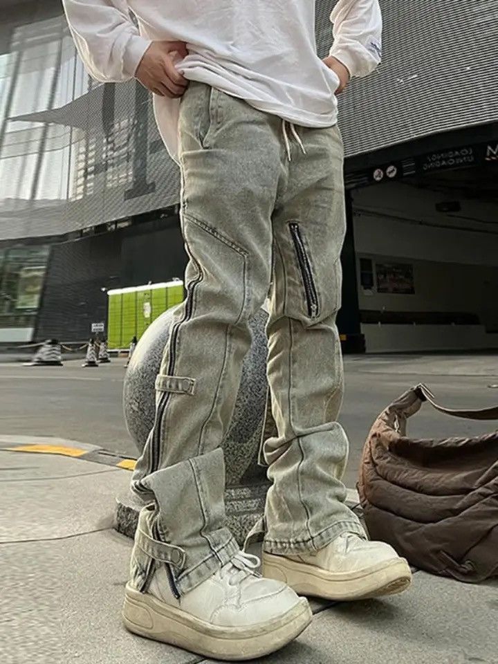Japanese Brand Straight Jeans Men Side Zipper Patchwork Slim Size US 32 / EU 48 - 2 Thumbnail