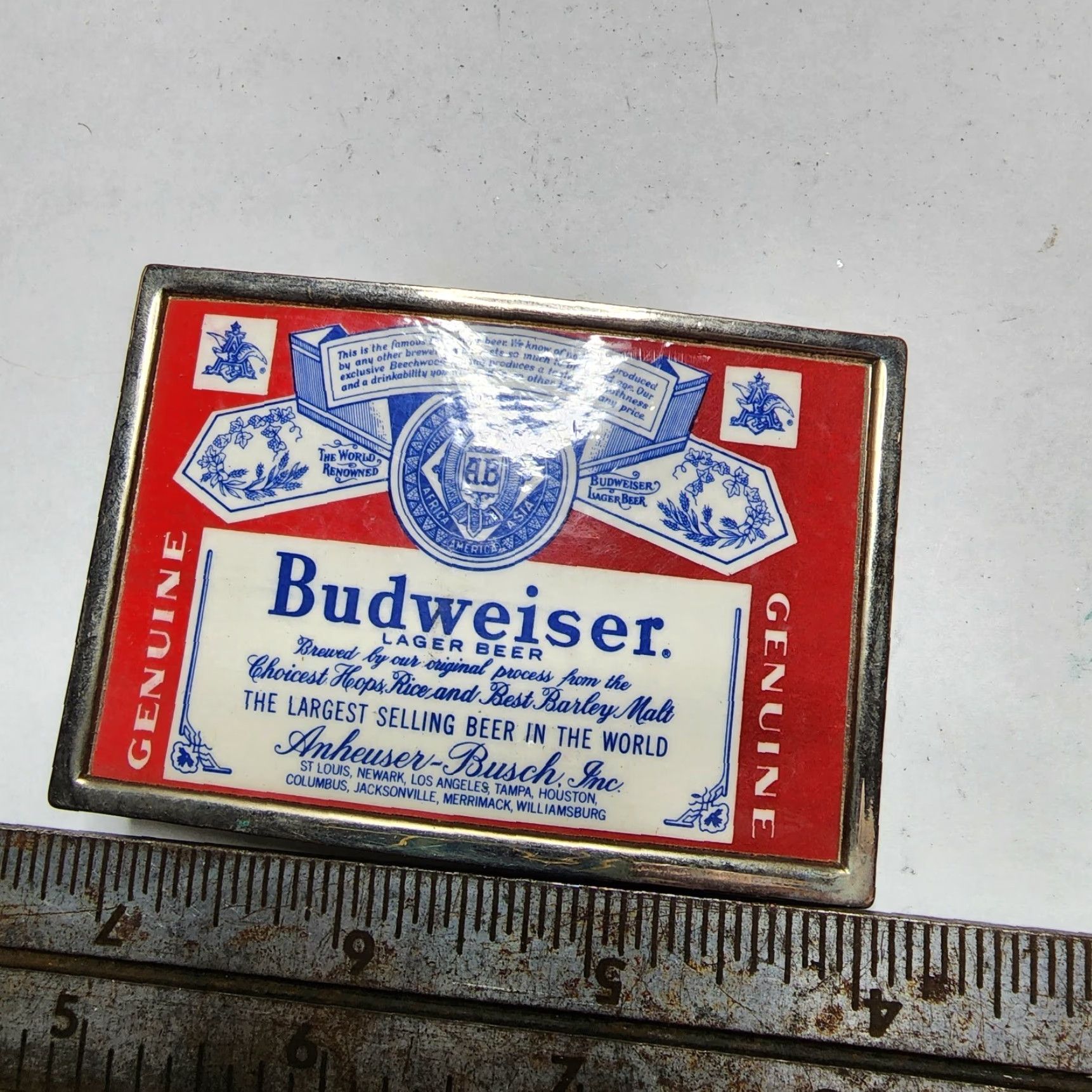 Budweiser VINTAGE Budweiser Belt Buckle Metal Red 1970s Anheuser Busch Adult Unisex Belt Buckle Budweiser Beer Label 1970s Men Women Size ONE SIZE - 3 Thumbnail