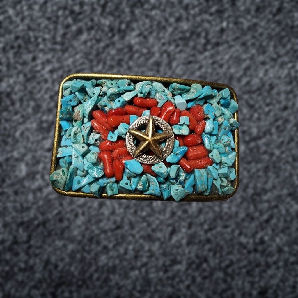Vintage Vintage Western Belt Buckle Men Women Star Turquoise Red Coral Metal Cowboy Accessories Size ONE SIZE - 1 Thumbnail