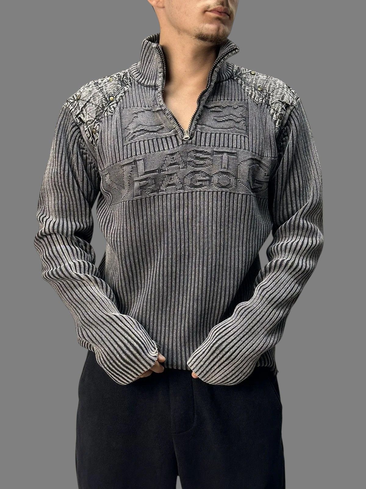 KMRii Distressed GOA Ribbed Gray Zip Sweater Military Y2K Style Size US XL / EU 56 / 4 - 13 Thumbnail