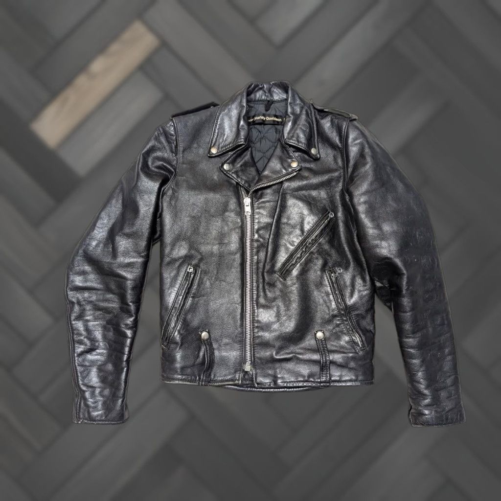 Harley Davidson VINTAGE Harley-Davidson Jacket Motorcycle Black 38 Tall Mens Leather Cowhide Biker 1970s AMF Leather Size US S / EU 44-46 / 1 - 1 Thumbnail
