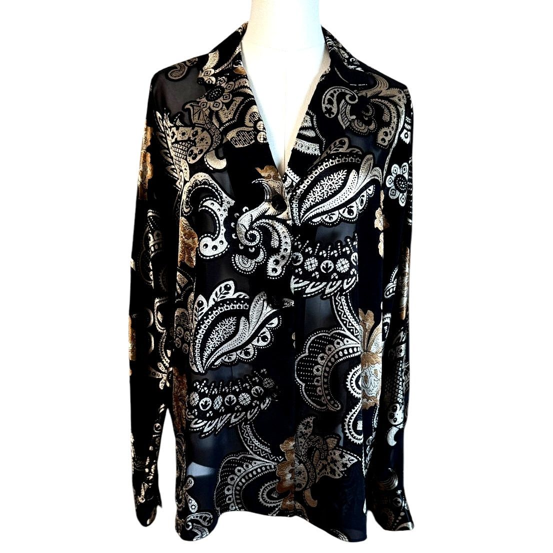 Lafayette 148 Lafayette 148 NY Gold Black Paisley Sheer Blouse Size L Size L / US 10 / IT 46 - 1 Thumbnail