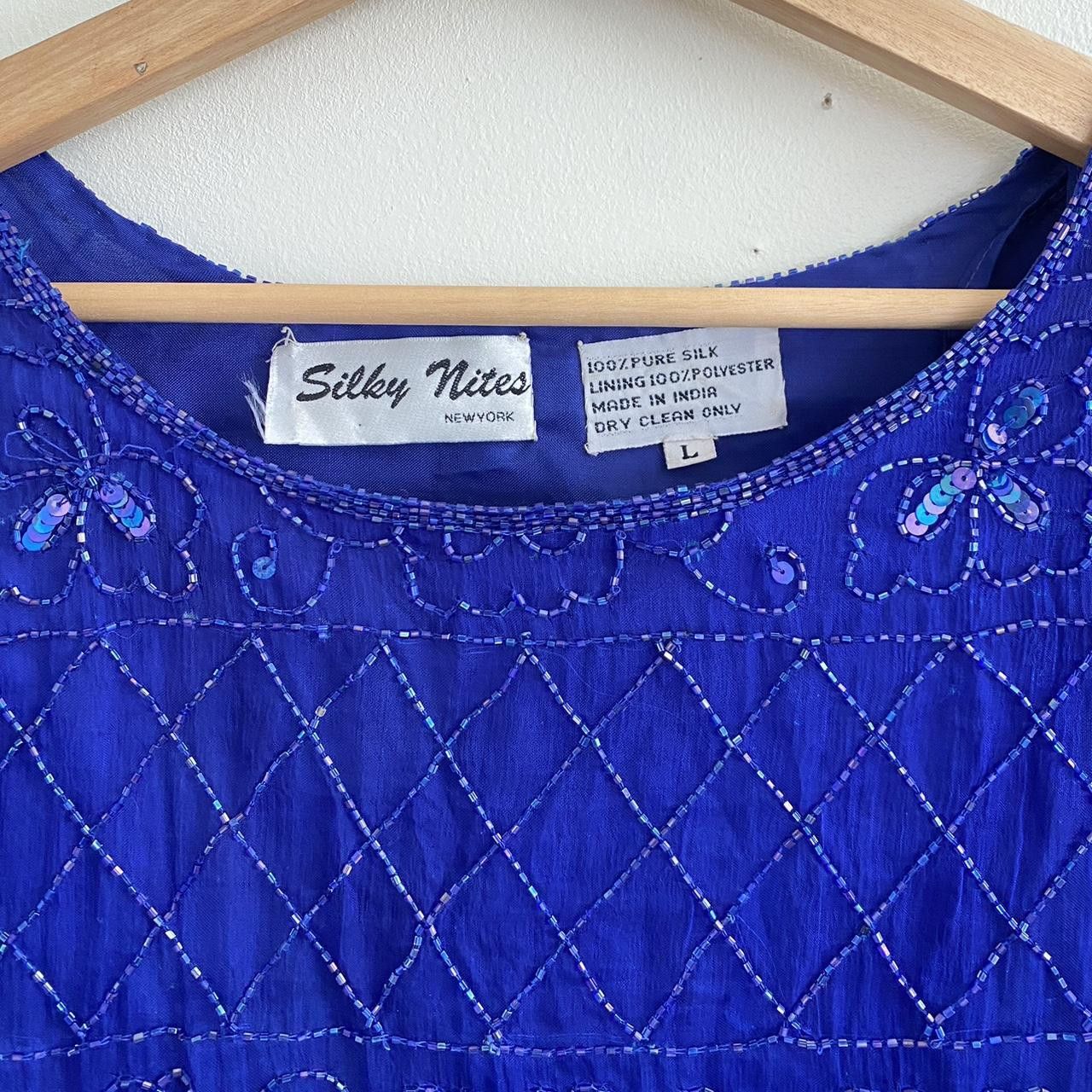 Vintage SILKY NITES VINTAGE BLUE SILK SEQUIN MINI DRESS LARGE Size L / US 10 / IT 46 - 4 Thumbnail