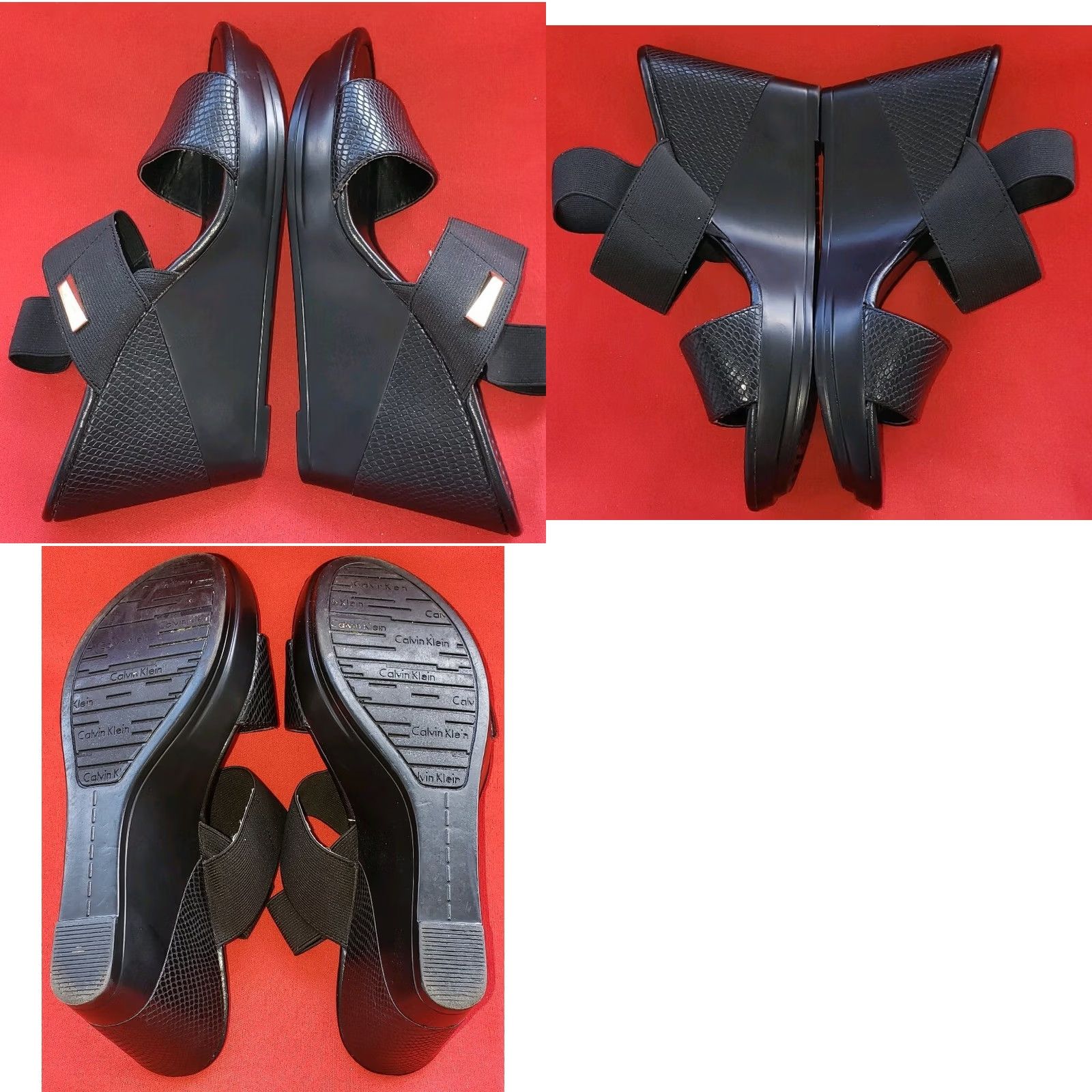 Calvin Klein Calvin Klein Women's Sandal Wedge Slide Black 7.5M Elastic Crossovers Gold Logo Shoes Size US 6 / IT 36 - 8 Thumbnail
