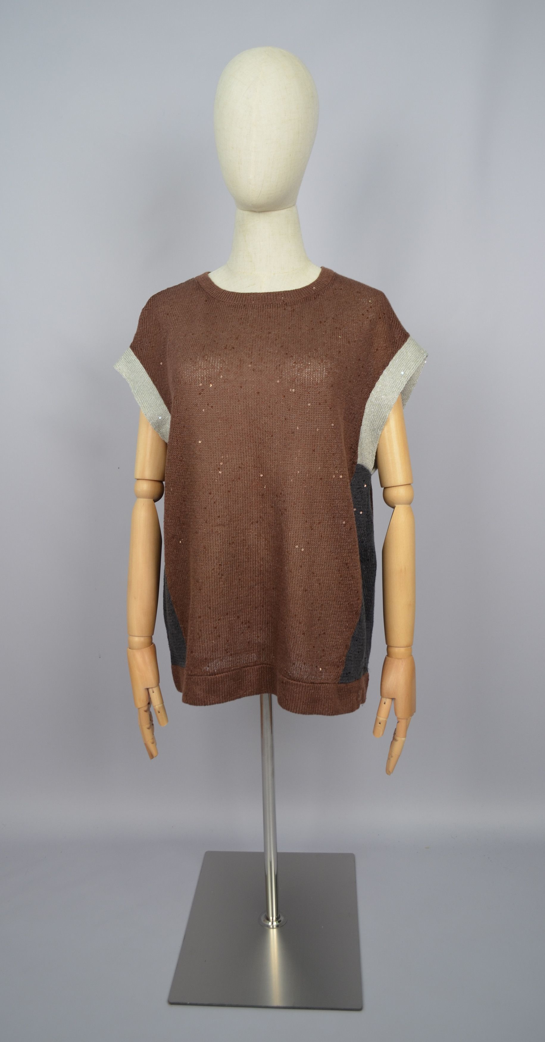 Brunello Cucinelli × Designer Brunello Cucinelli Sequin Linen\Silk Brown Grey Sleeveless Size XXL / US 16-18 / IT 52-54 - 4 Thumbnail