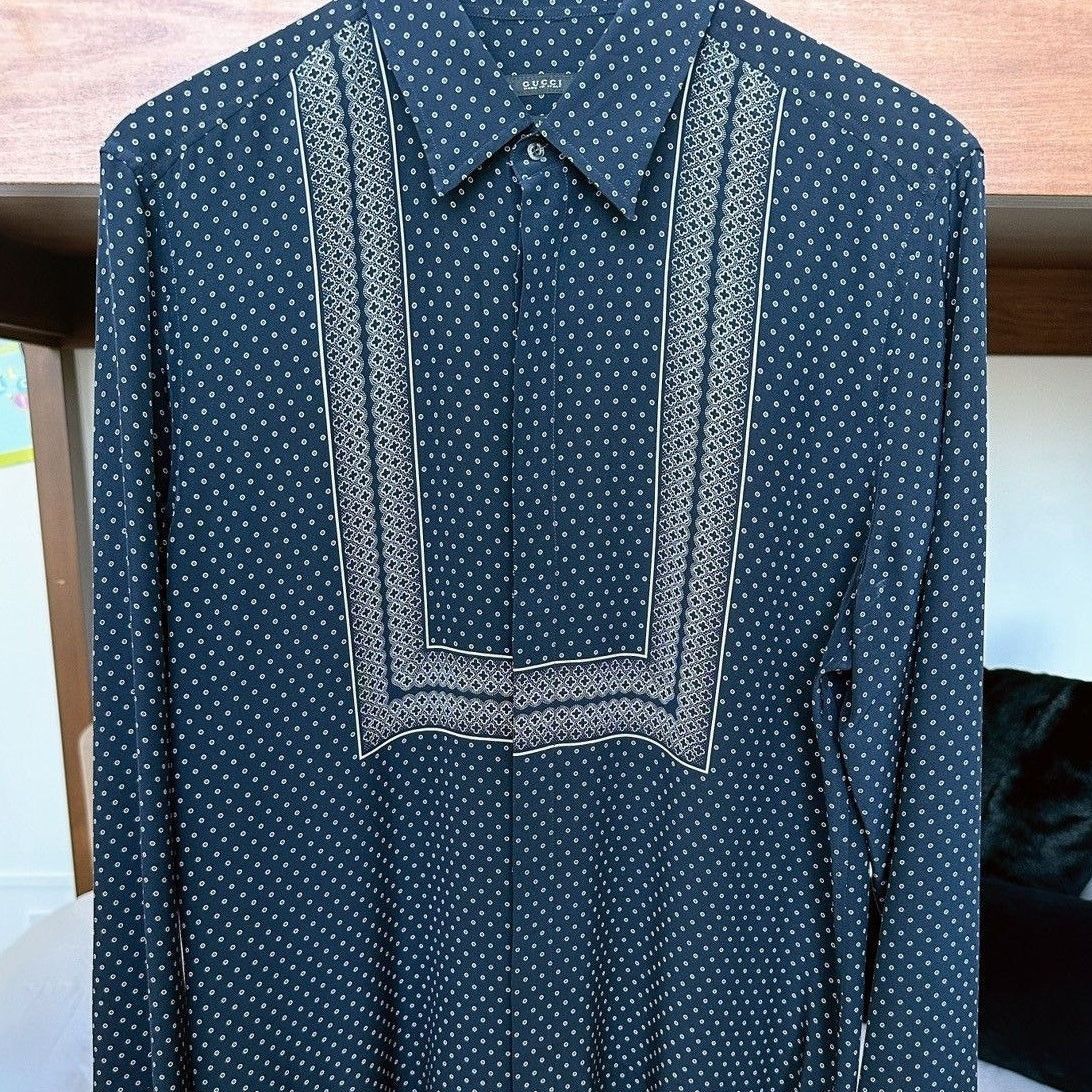 Gucci 2014 Navy Tile Pattern Silk Twill Shirt Slim fit 41 / 16 Size US L / EU 52-54 / 3 - 4 Thumbnail