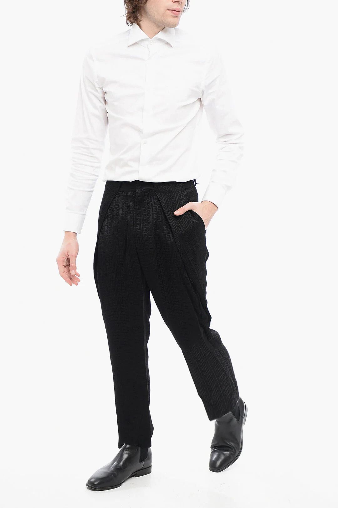 Balmain og1mm0326 Single-Pleat Jacquard Viscose Pant in Black Size US 30 / EU 46 - 4 Thumbnail