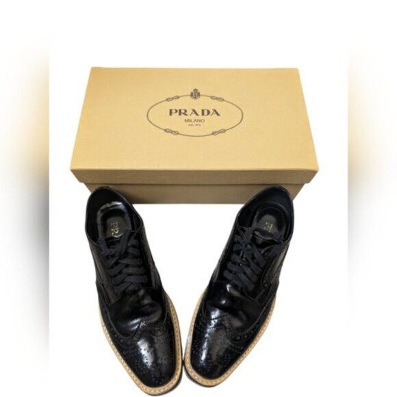 Prada Prada - Patent Leather Lace-Up Wingtip Loafers in Black Size US 7 / IT 37 - 2 Thumbnail