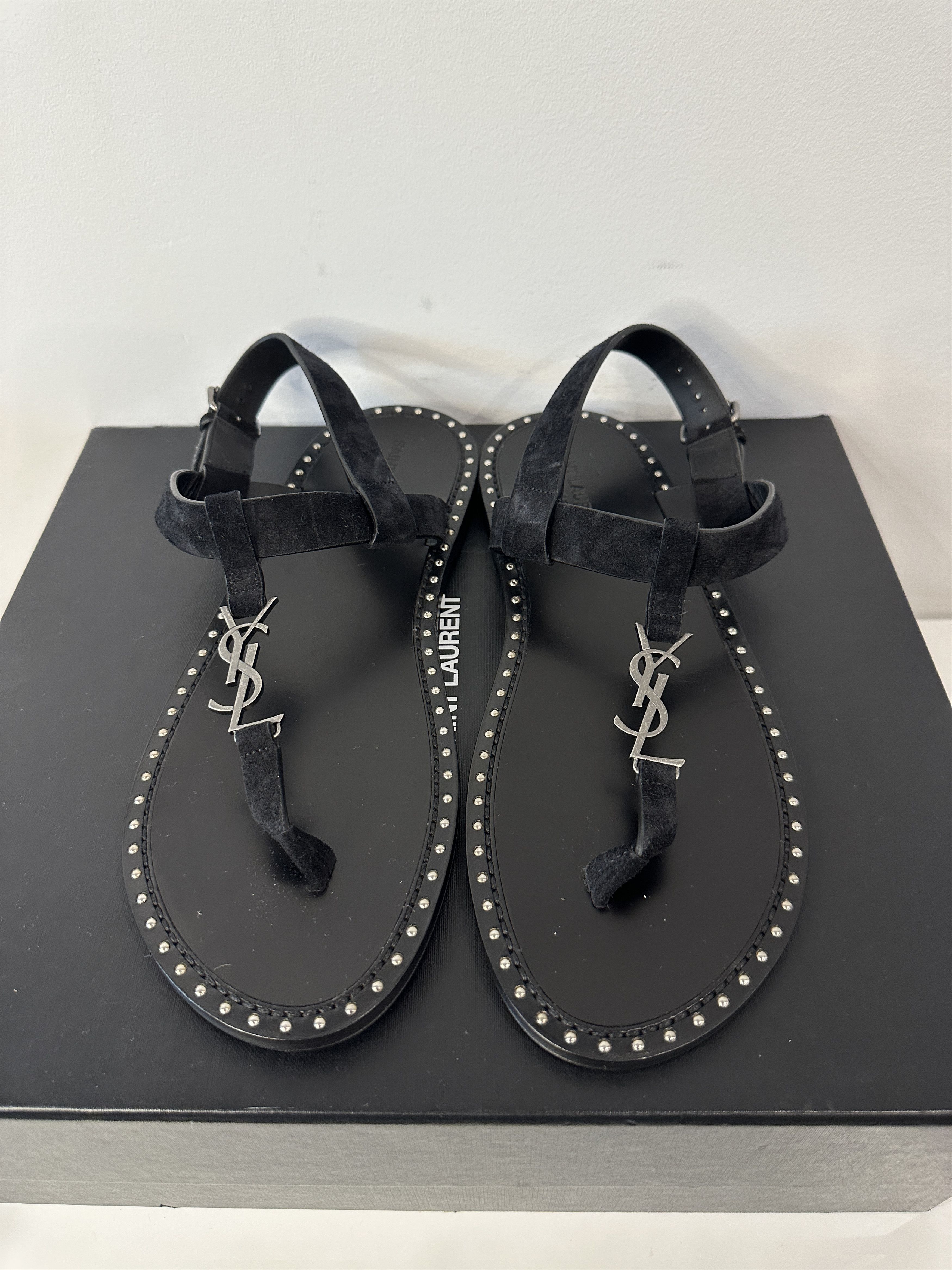 image of Saint Laurent Paris Cassandre Studded Suede Sandal in Black, Men's (Size 9)