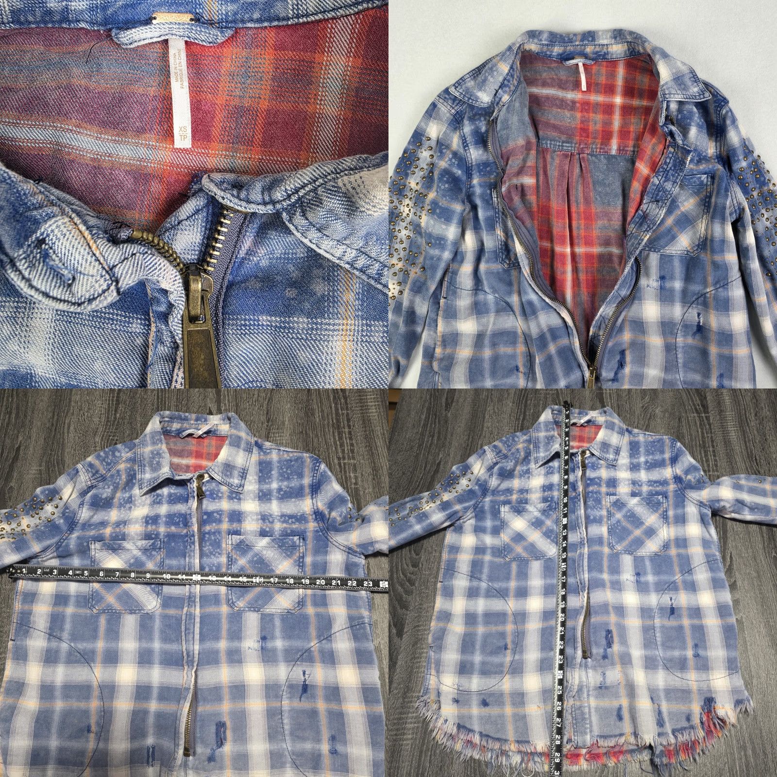 Free People Free People Destructed Jacket Womens XS Plaid Oversized Zip Shacket Distressed Blue Multicolor Size XS / US 0-2 / IT 36-38 - 8 Thumbnail