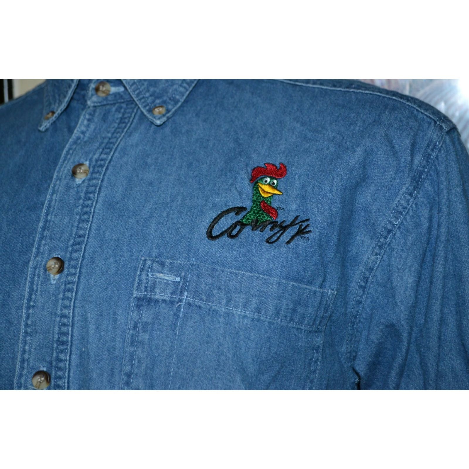 Denime Aspen Gold Shirt Men Small Denim Button-Up Long Sleeve Blue Collared 100% Cotton VTG Corn Flakes Corny Mascot Size US S / EU 44-46 / 1 - 2 Thumbnail