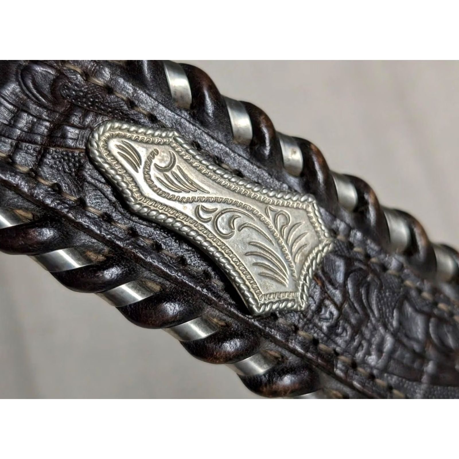 Vintage VINTAGE Circle Y western Belt 30 belt brown cowhide leather nickel silver concho laced Men's Western Belt 30 Brown Conchos Laced 90s Size 30 - 6 Thumbnail