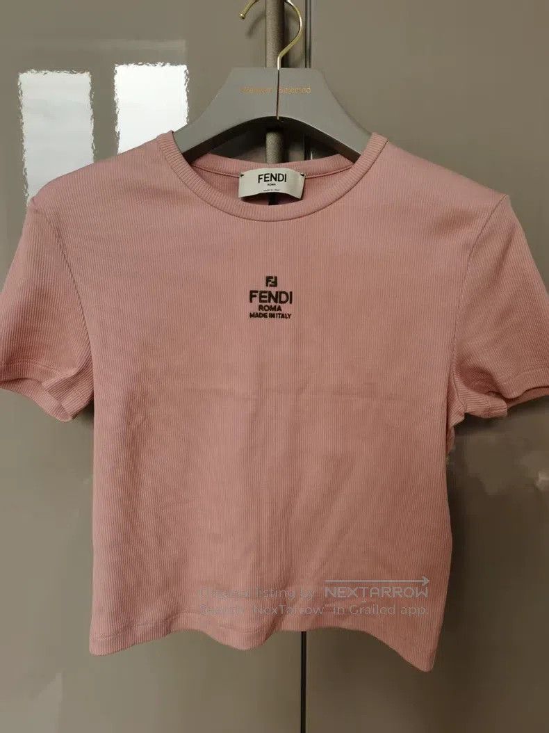 Fendi Fendi Pink Knitted Short-sleeved Top with Dark Green Lette Size S / US 4 / IT 40 - 2 Thumbnail