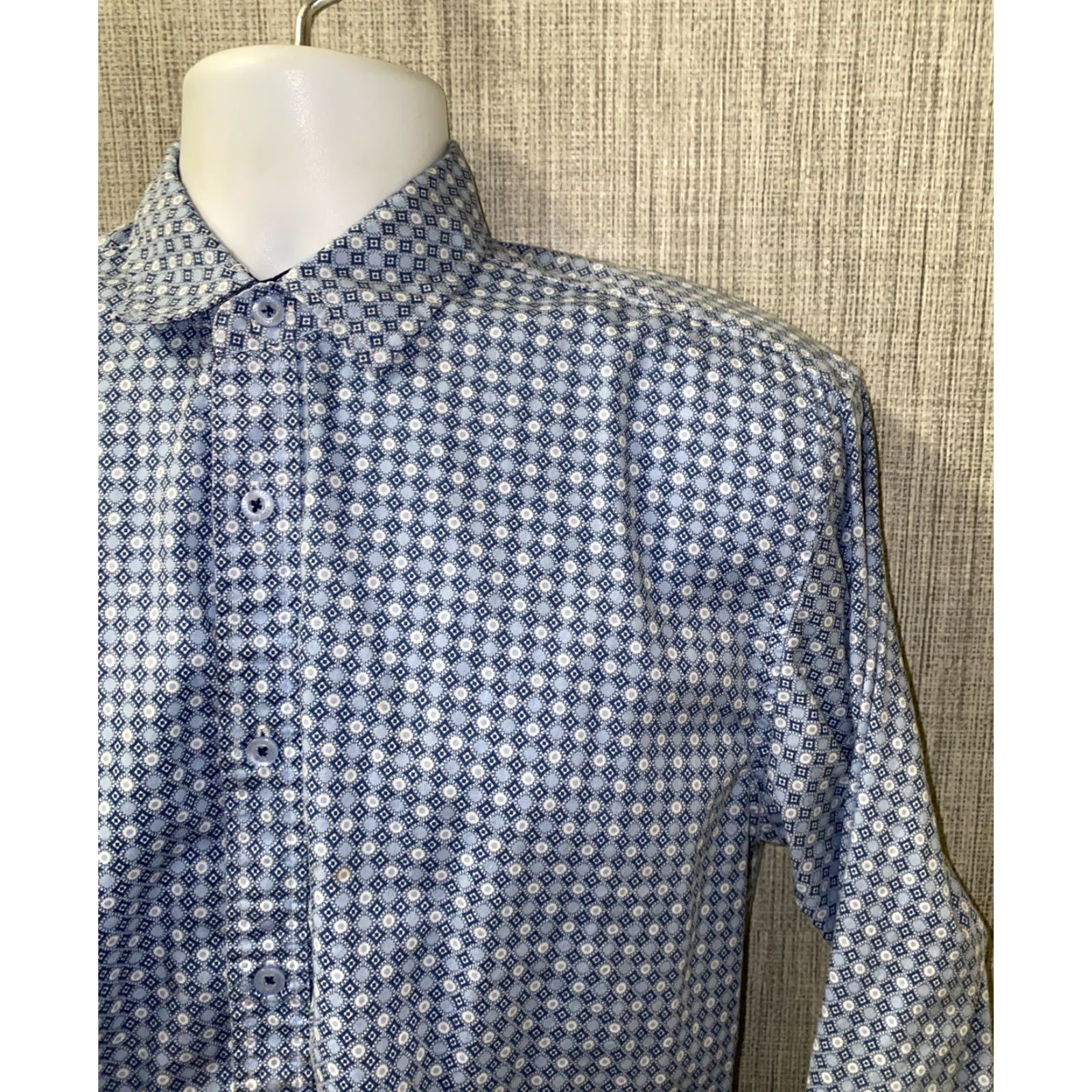 English Laundry English Laundry Shirt Long Sleeve Button-Up Mens M Blue/White Geometric Pattern Cotton Button Front Collared Regular Vintage No Size US M / EU 48-50 / 2 - 2 Thumbnail