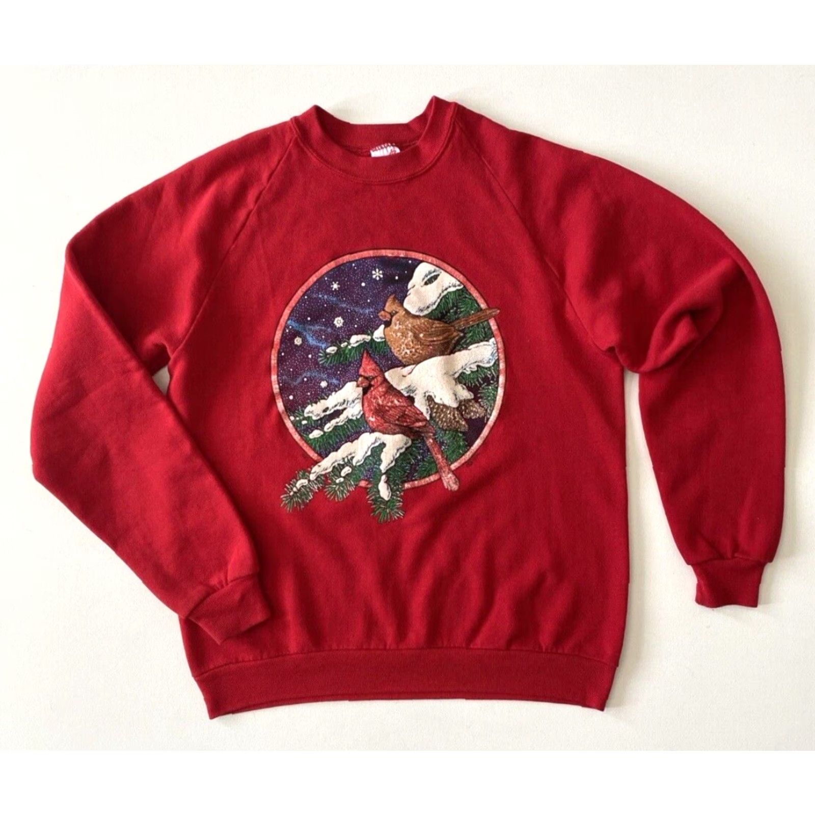 Jerzees JERZEES Women's Vintage 1990 Sweatshirt Crew Neck Pullover Graphic Print Made in USA Sz L Red 50/50 Cotton Blend USA 90s Felted Cardina Birds Womens Size L / US 10 / IT 46 - 2 Thumbnail