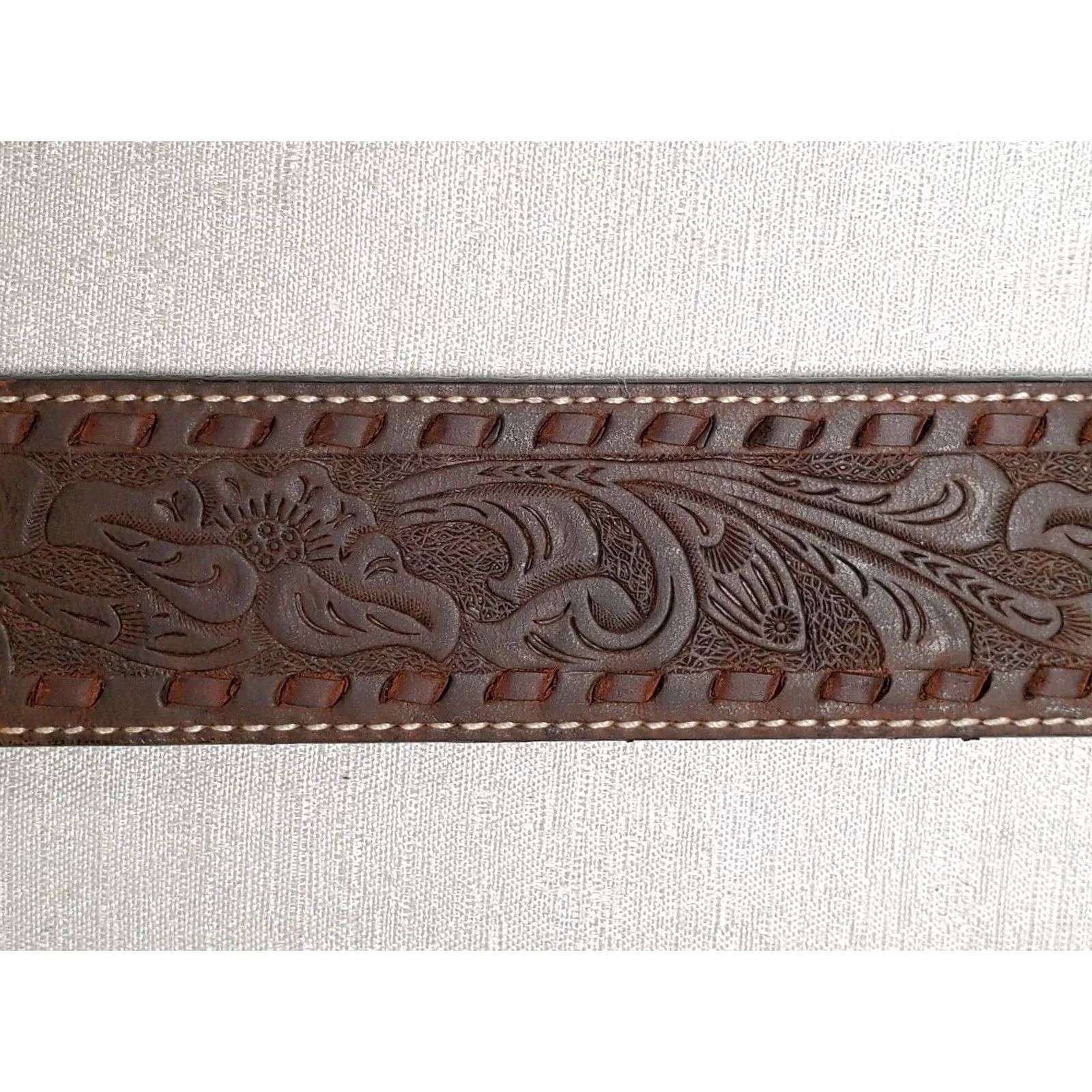 Vintage Nocona Western Belt Brown Leather Embossed Floral Contrast Stitching Men's 38 Size 38 - 6 Thumbnail