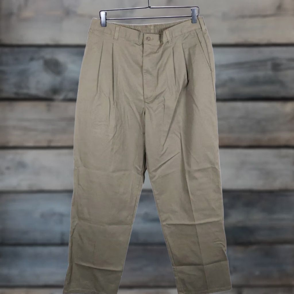 Olive VINTAGE 90s Pleated Chino Pants Mens 34 x 32 Olive Green Talon Zipper Elastic Waist Regular Rise 90s Retro Preppy Size US 34 / EU 50 - 1 Thumbnail