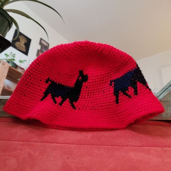 Other Hand knitted crochet red black and blue alpaca buket hat Size ONE SIZE - 3 Thumbnail