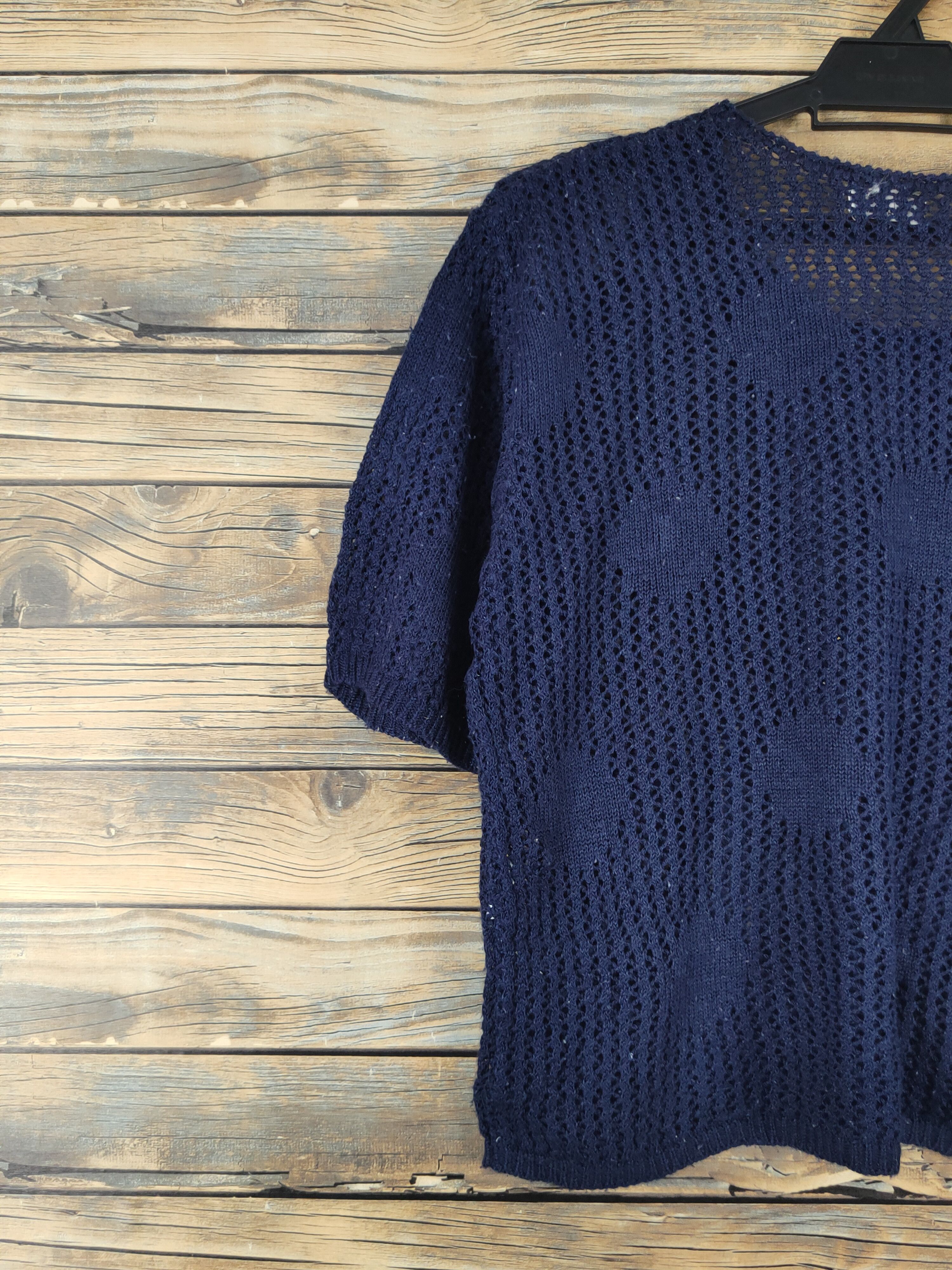 Aiso Navy MeshNet crochet Knitwear Short Sleeve #W1292