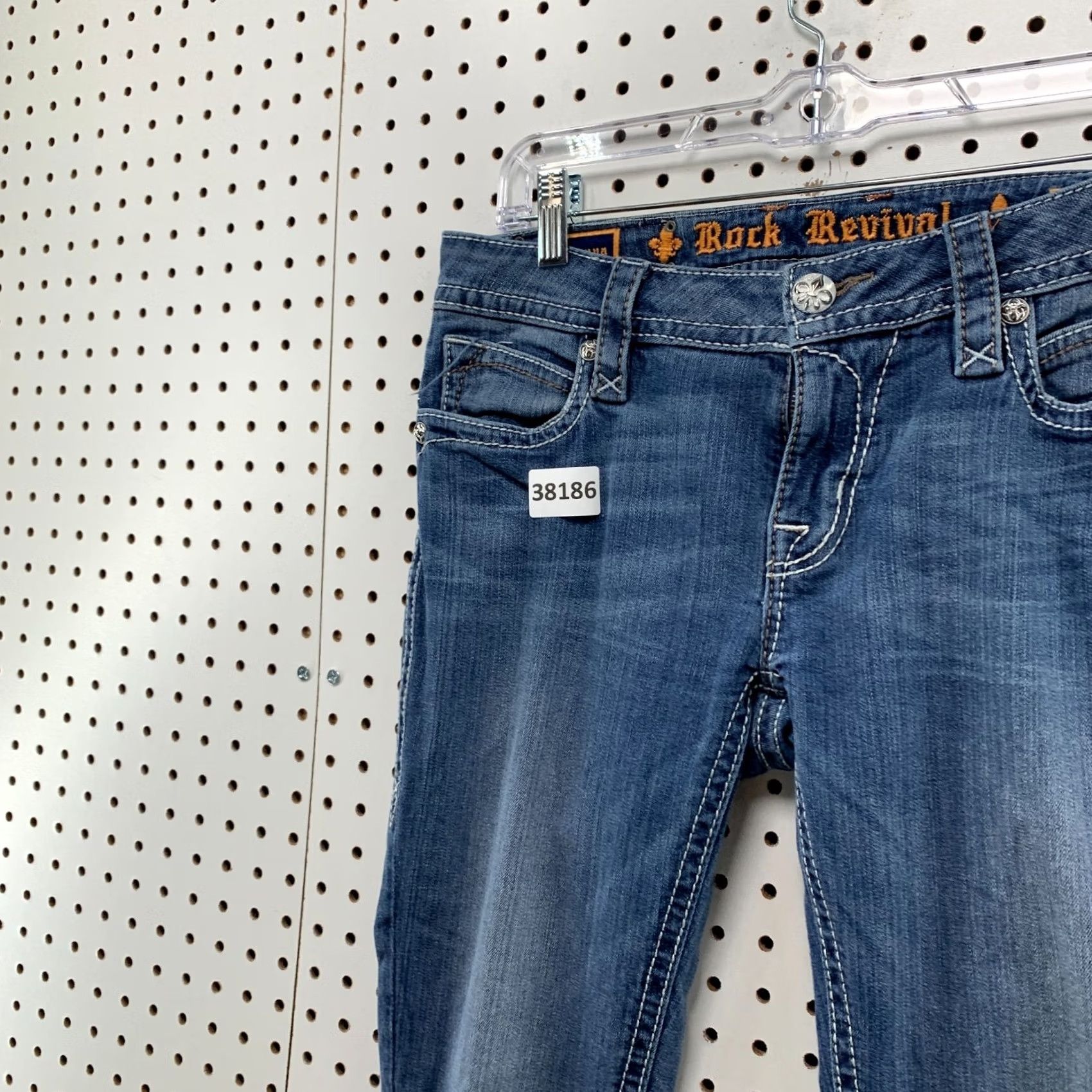 Vintage VINTAGE Rock Revival Skinny Jeans WOmens Size 29 SLim Blue Flap Pocket Fits 32x30 Denim Size 29" - 7 Thumbnail