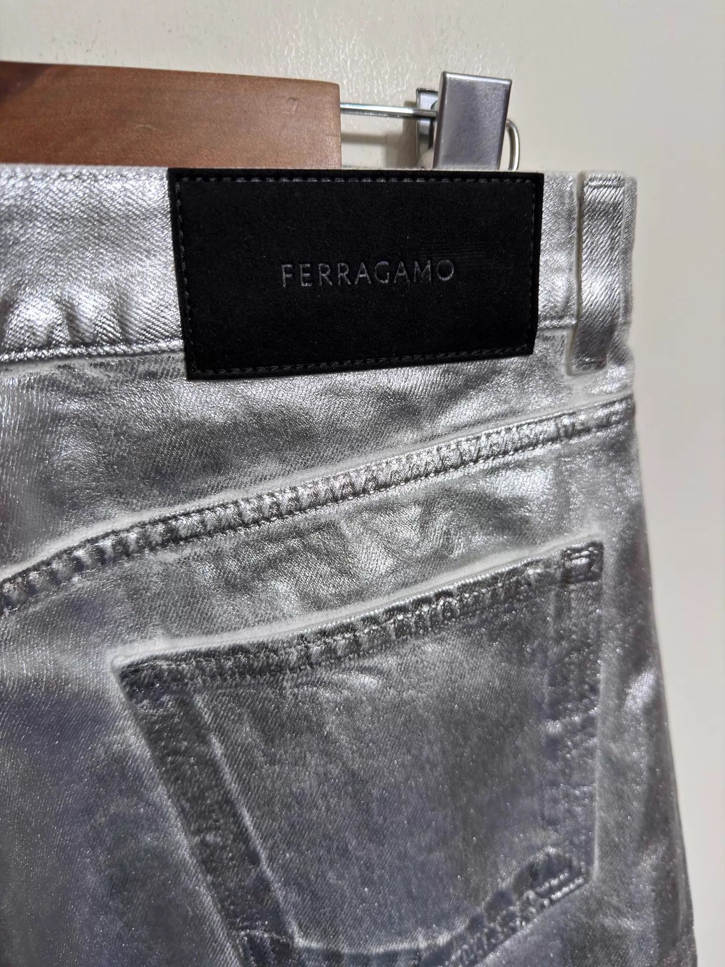 Salvatore Ferragamo SF Coated Silver High-Waist Straight Leg Jeans 48-50 Size US 32 / EU 48 - 6 Thumbnail