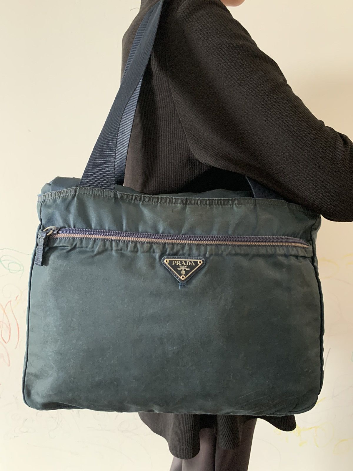 Prada Navy Blue Nylon Tote Shoulder Bag, Women's
