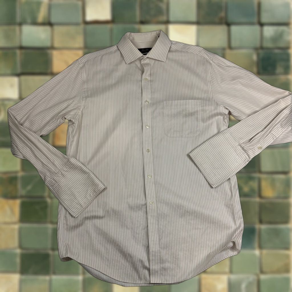 Tasso Elba Tasso Elba Dress Shirt Men L Regular Fit French Cuff Non-Iron Striped Beige Size 42R - 1 Thumbnail