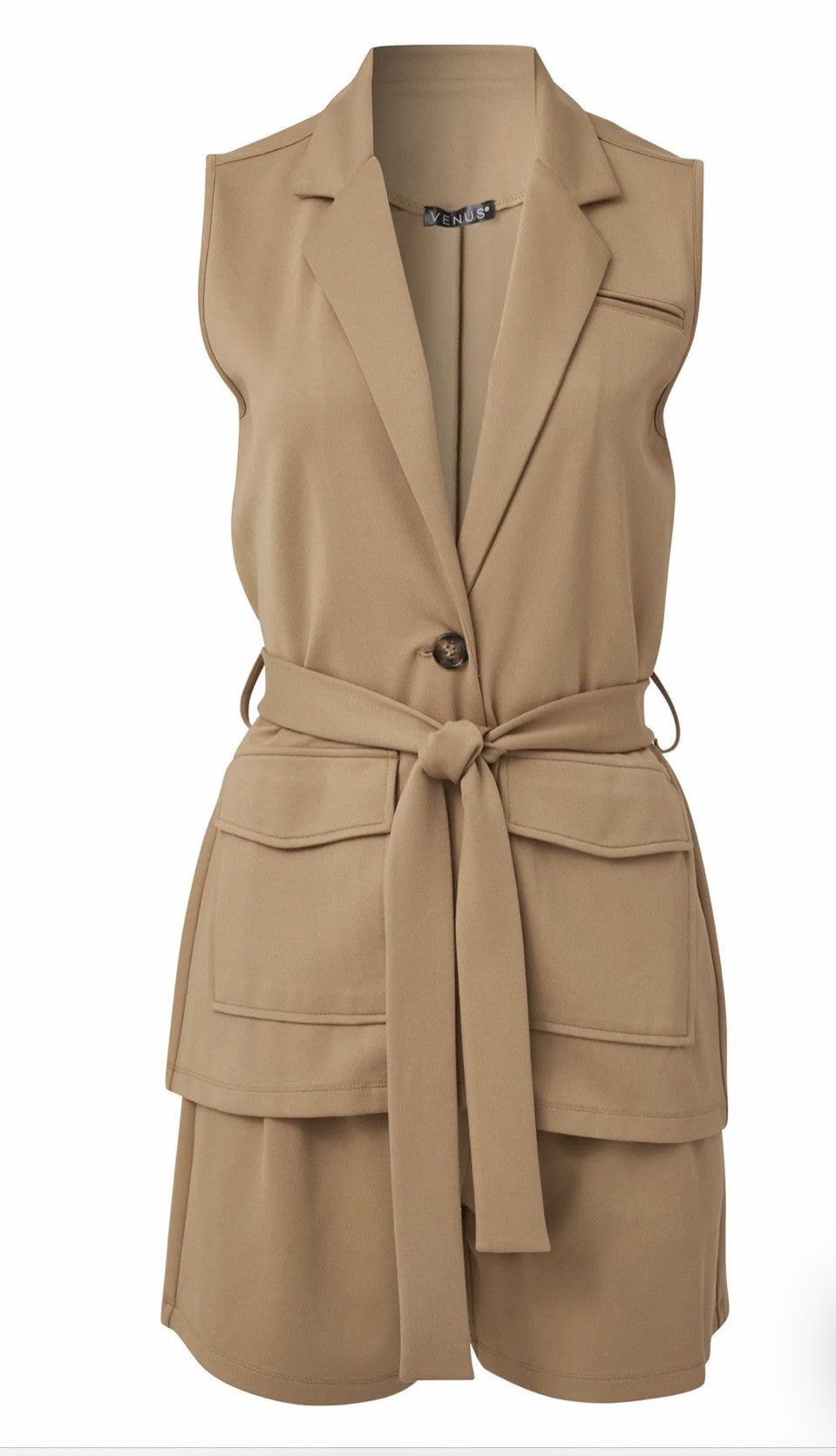 Venus Sleeveless Blazer Short Set - Camel Size 40" / US 18 - 1 Thumbnail