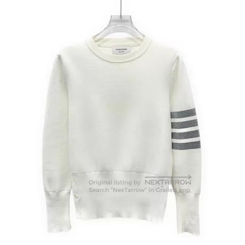 Thom Browne Thom Browne White Classic Four Bar Cotton Round Neck Long Size US XXS / EU 40 - 1 Thumbnail