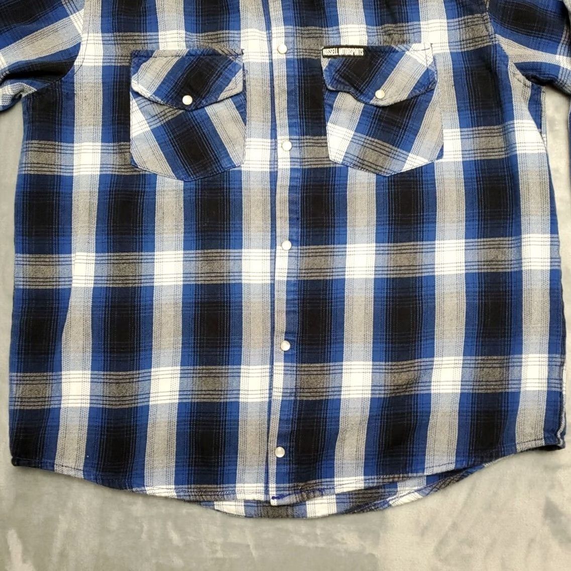 Vintage VTG Motorsports Shirt Mens L Blue Plaid Flannel Pearl Snap Western MT Missoula Denim? Size US L / EU 52-54 / 3 - 2 Thumbnail
