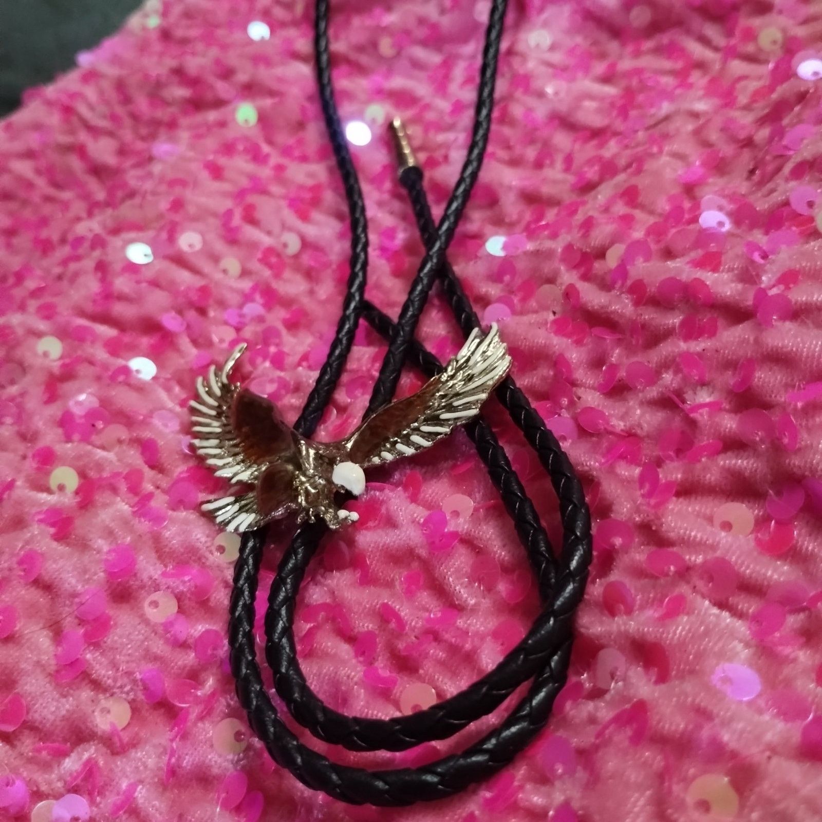 Handmade Old vintage 1960s enameled eagle bolo tie on leather cord Size ONE SIZE - 2 Thumbnail