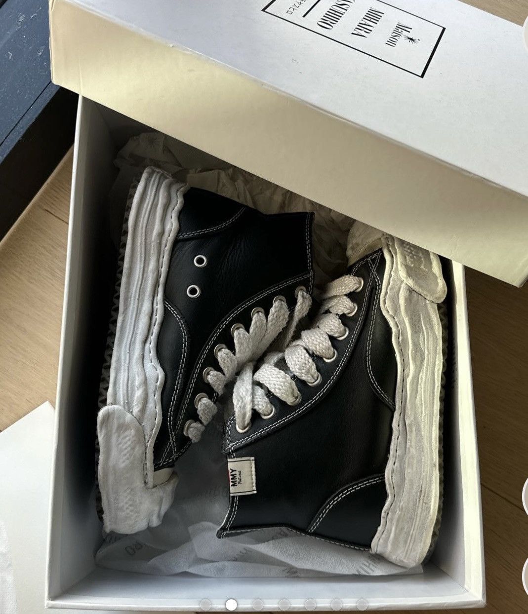 image of Maison Mihara Yasuhiro OG Sole High Top Melted Toe Sneakers in Black, Men's (Size 5)