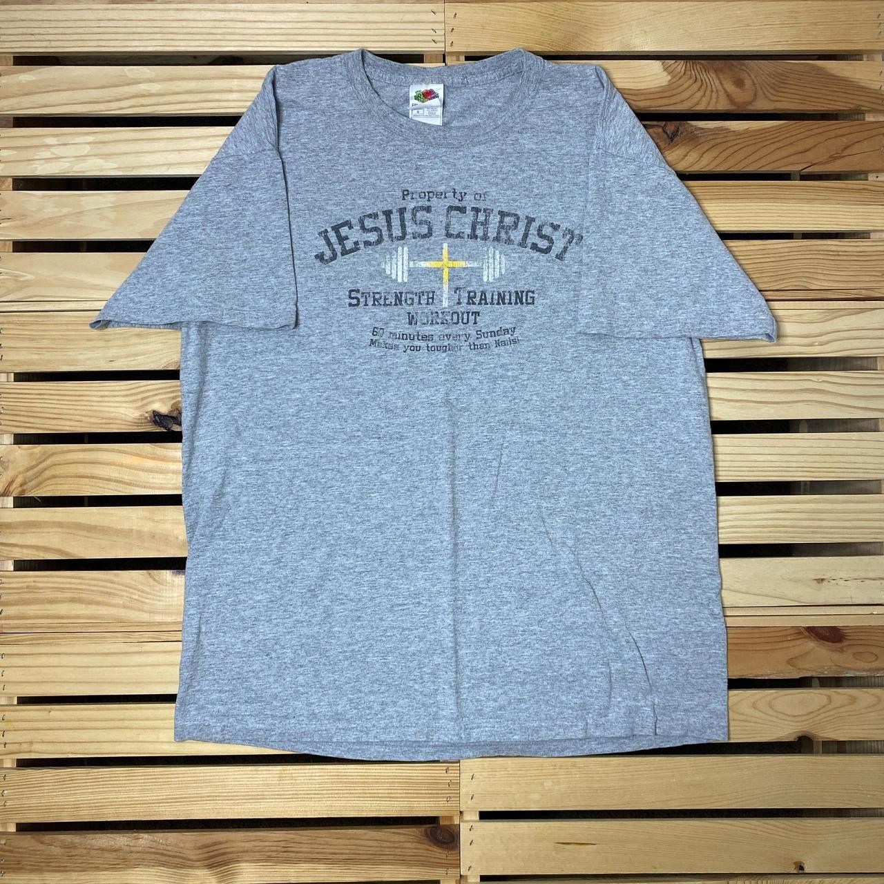 Fruit Of The Loom Vintage "Property of Jesus..." Gray Jesus Gym Tee Size Large Size US L / EU 52-54 / 3 - 1 Thumbnail
