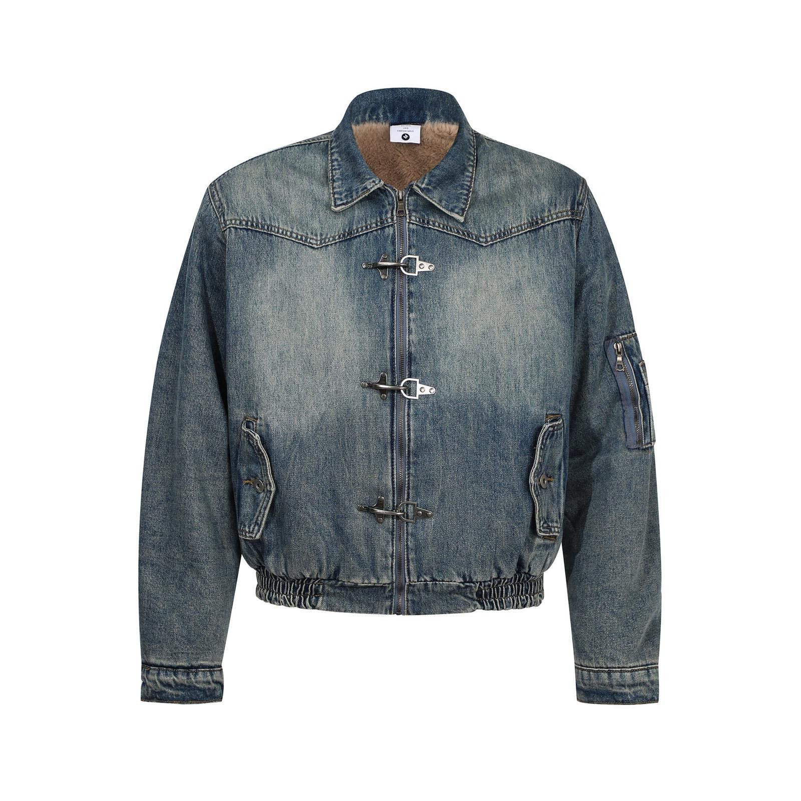 Jean Blue Washed Denim Jacket with Fireman Clasp, Faux Fur Lined Size US M / EU 48-50 / 2 - 1 Thumbnail