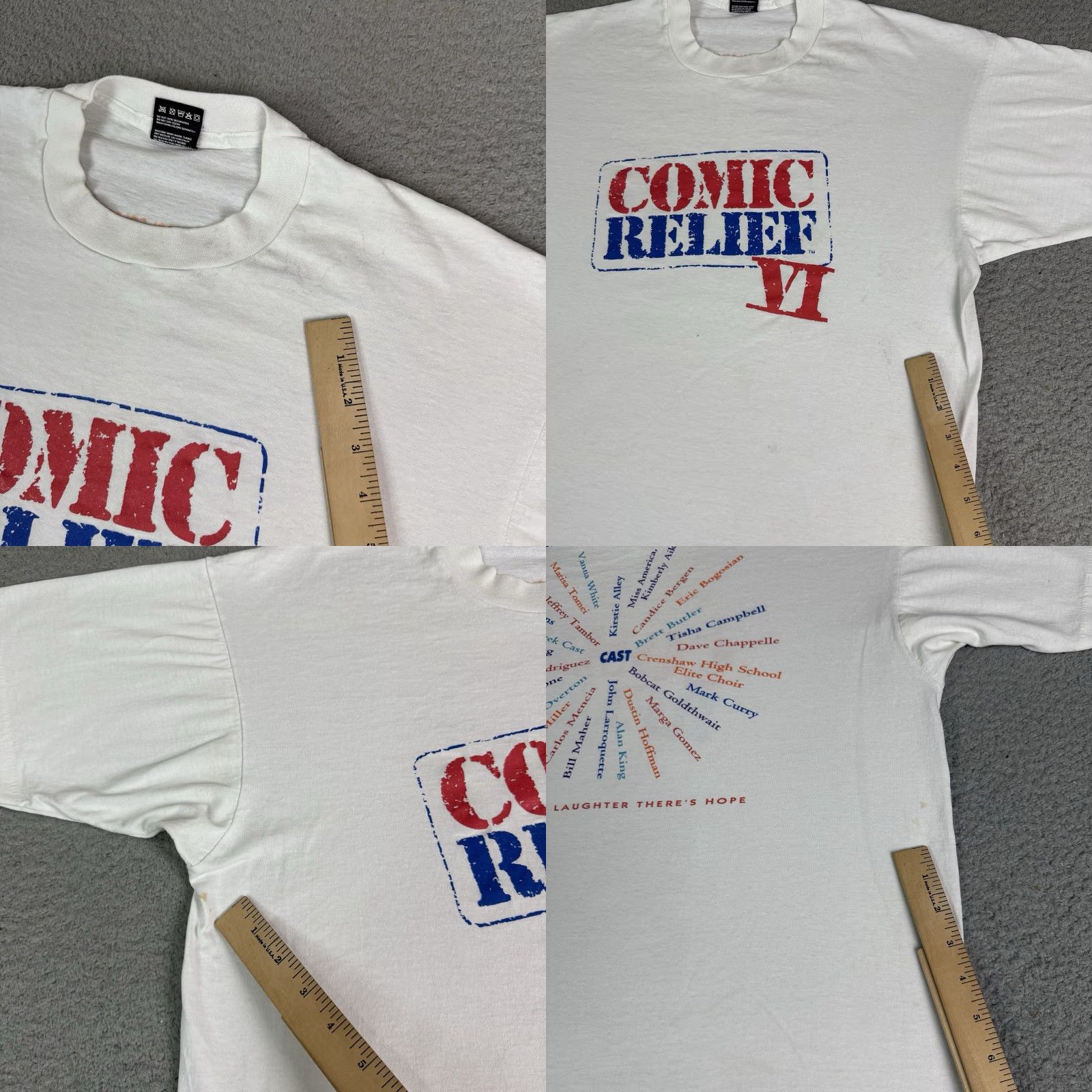 Fruit Of The Loom VINTAGE Comic Relief 6 T Shirt Mens XL White 90s Funny Distressed Robin Williams Chapelle Stitch Shirt XL White Mens Size US XL / EU 56 / 4 - 8 Thumbnail