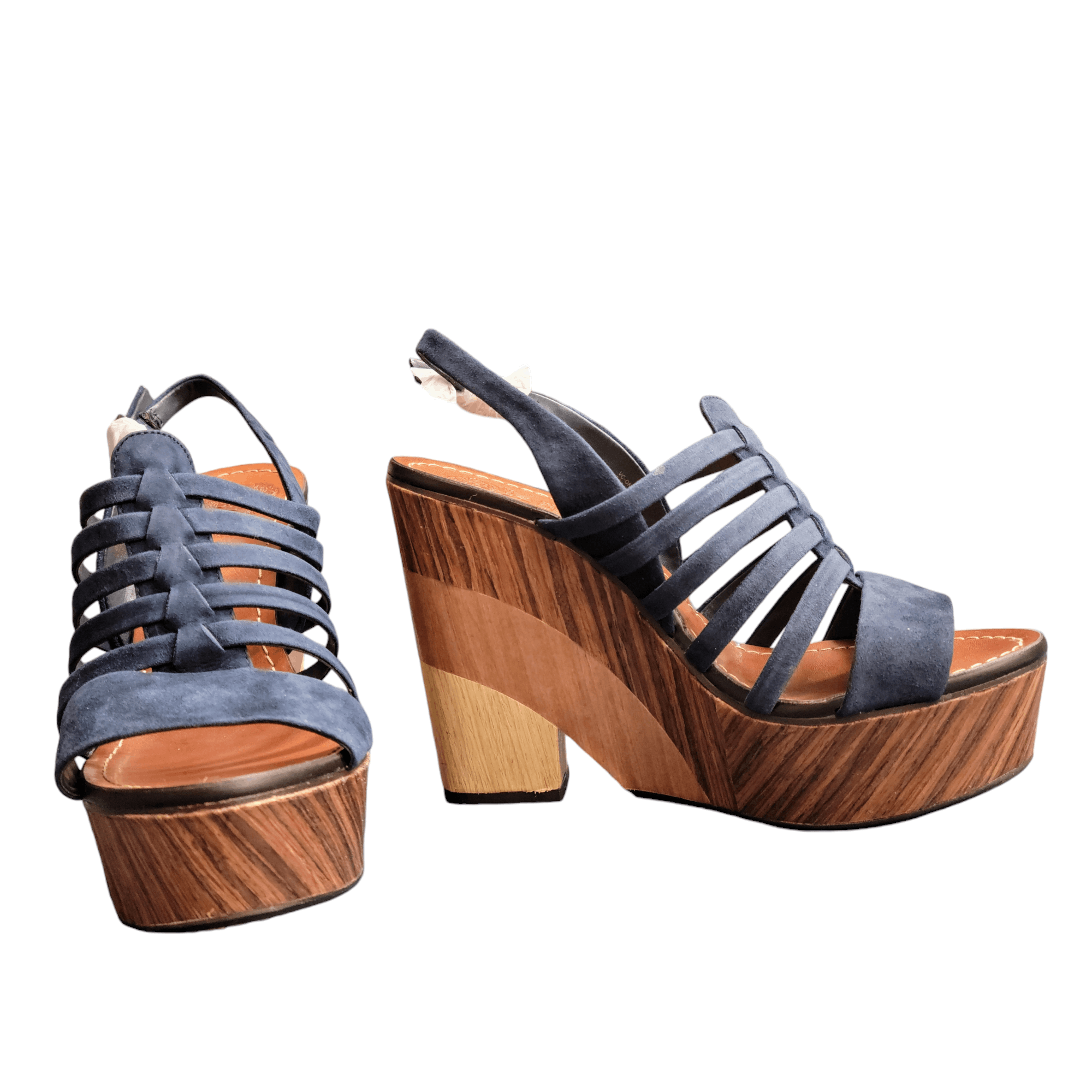 Vince Camuto Vince Camuto Blue Suede Chunky Wooden Patchwork Heel Shoes Size US 8 / IT 38 - 14 Thumbnail