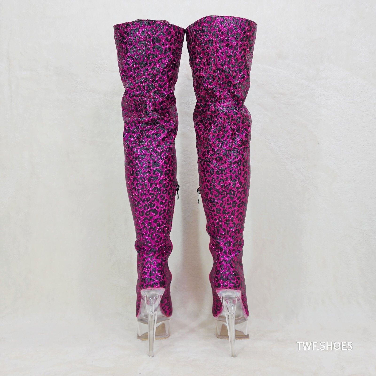 Other Bulls Hot Pink Leopard Glitter Over the Knee Clear Platform Size US 6.5 / IT 36.5 - 3 Thumbnail