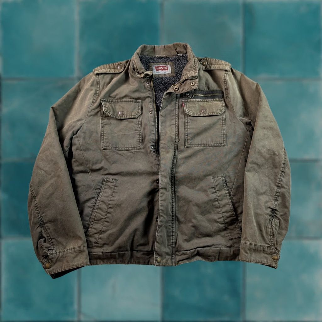 Levi's Levi's Jacket Cotton Olive Green Mid-Length Lined Zipper Pockets Full Zip Stand-Up Collar Men's M Size US M / EU 48-50 / 2 - 1 Thumbnail