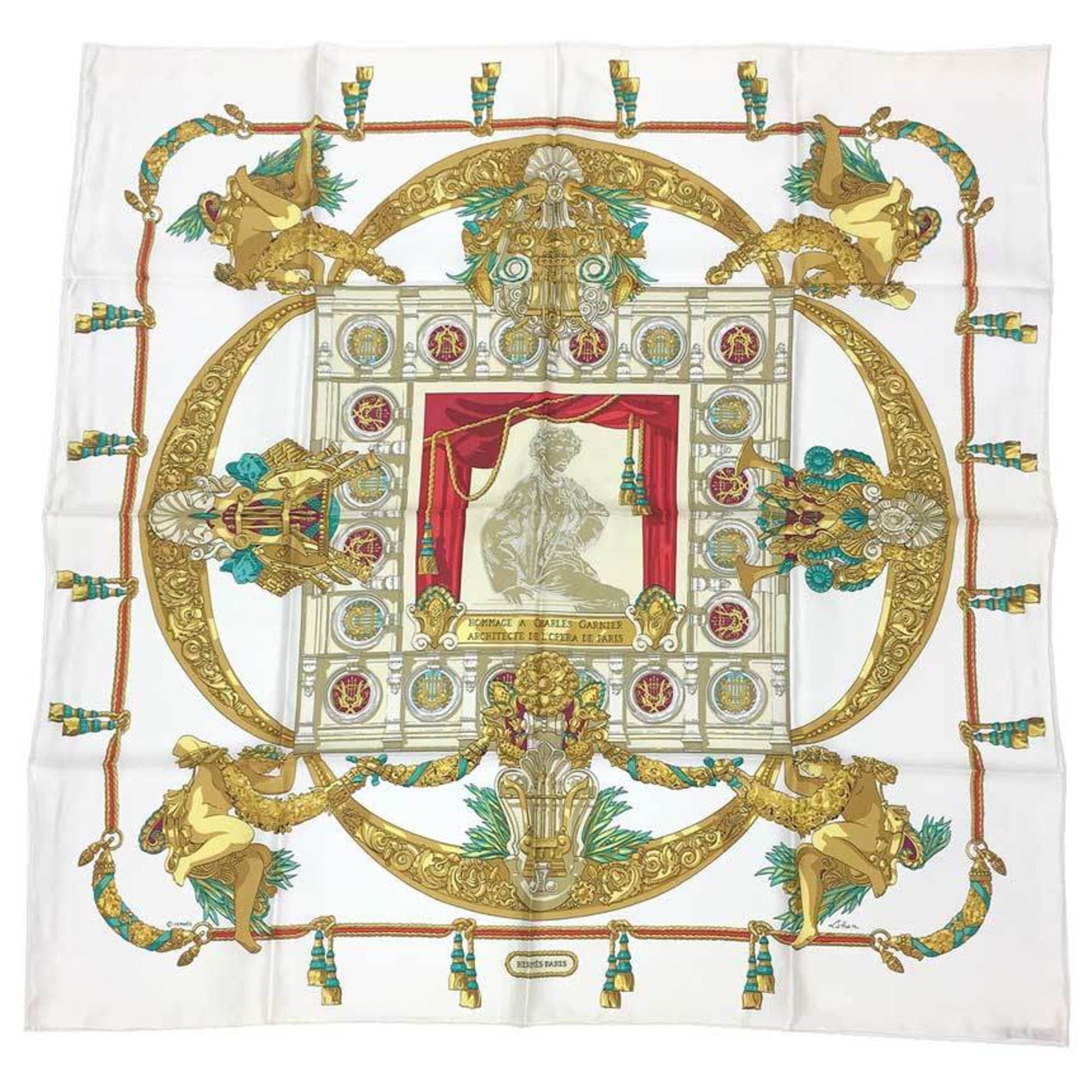 Hermes Hermes Carre 90 Scarf Muffler HOMMAGE A CHARLES GARNIER (Tribute to Charles Garnier) White 100% Silk Size ONE SIZE - 1 Thumbnail