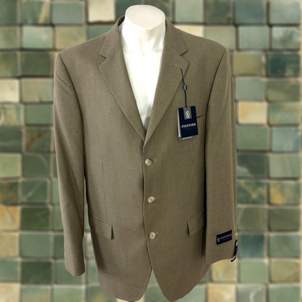 Stafford Stafford Essentials NEW 44 Long Blazer Sport Coat Jacket Houndstooth Brown Beige Men Size 44R - 1 Thumbnail
