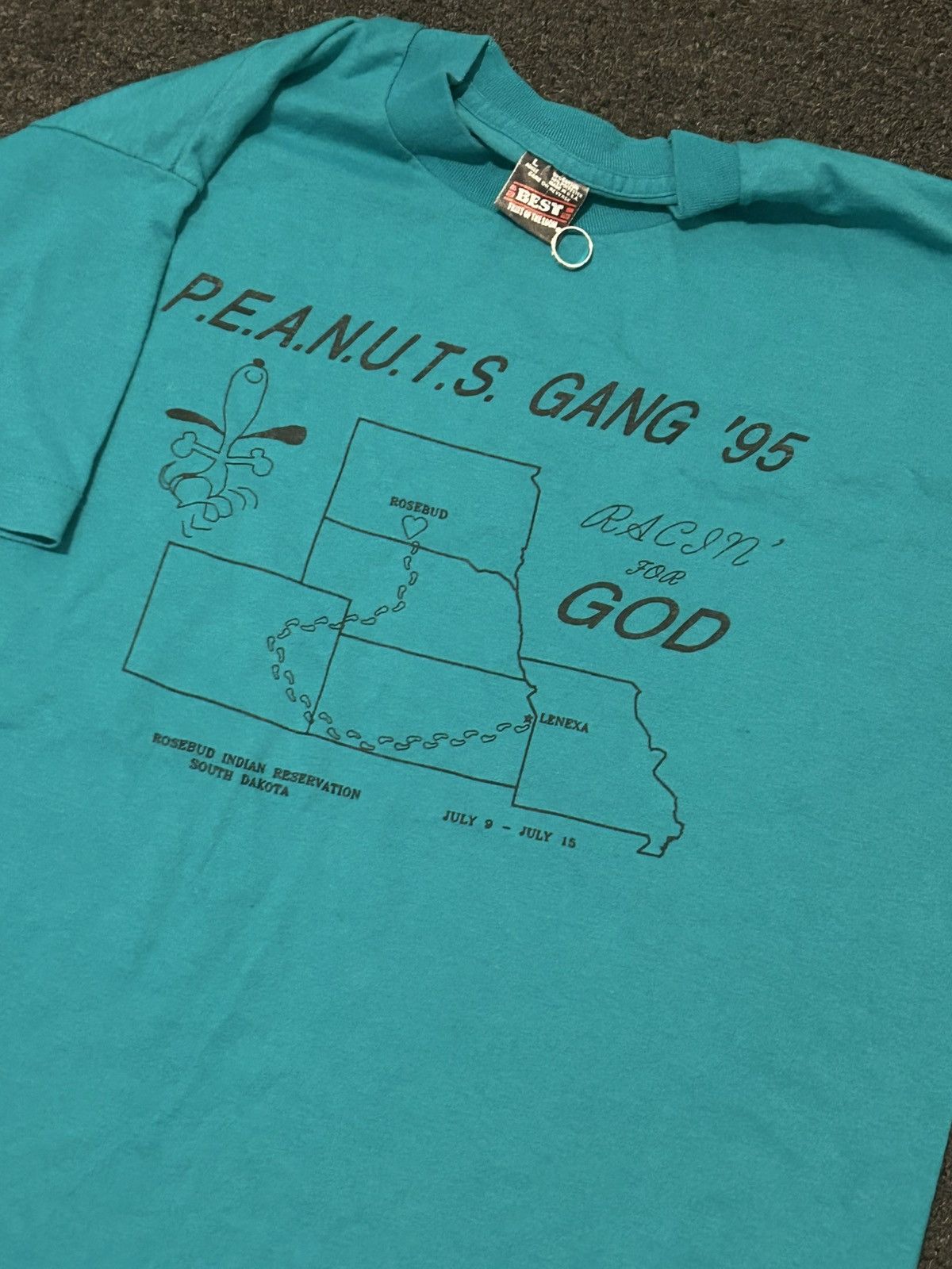 Vintage 1995 Racin For God Peanuts Gang Snoopy Large turquoise Tee Size US L / EU 52-54 / 3 - 1 Thumbnail