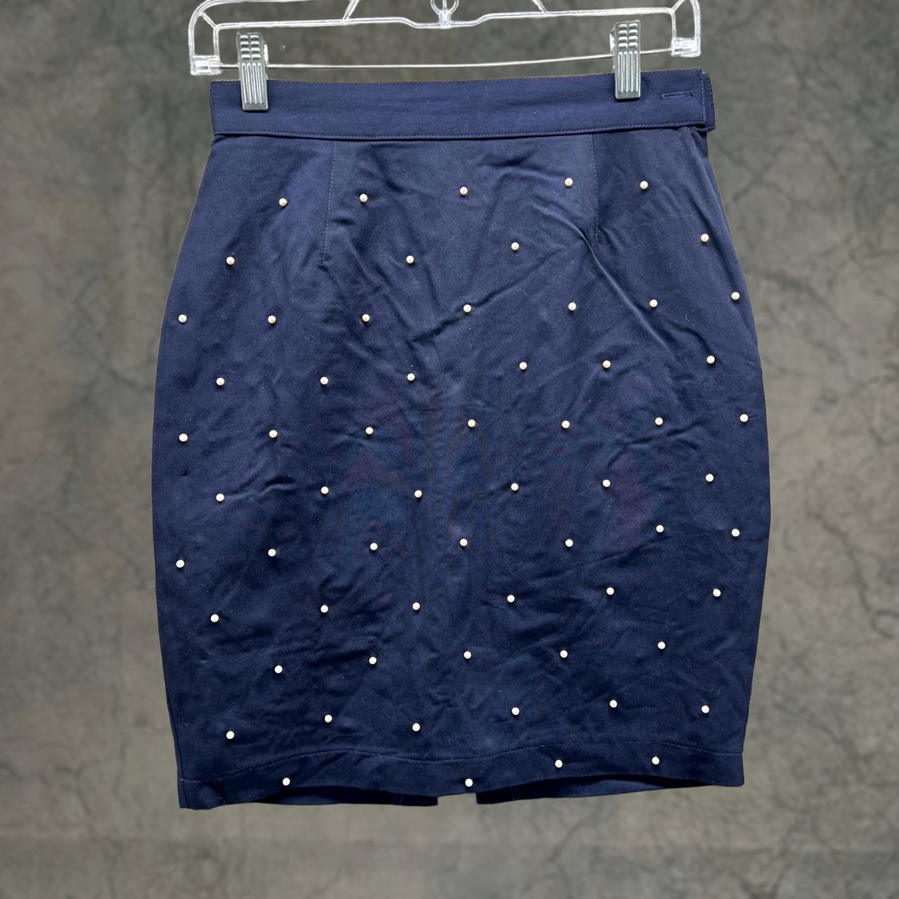 Vintage Tina Hagen Skirt Womens Small Navy Beaded Polka Dot Pencil Stretch Short USA Size 28" / US 6 / IT 42 - 1 Thumbnail