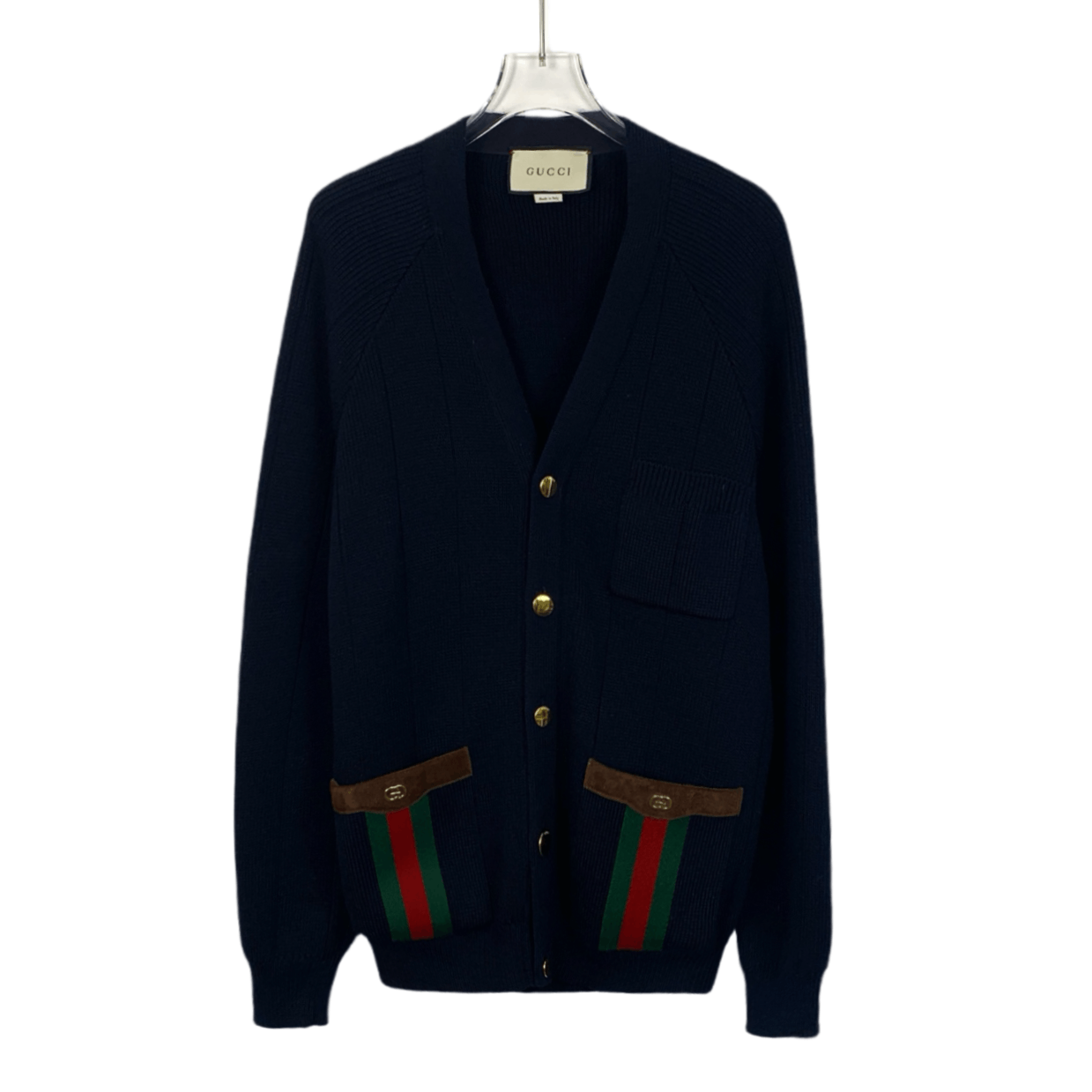 Gucci Gucci Wool Cardigan – Navy V-Neck with Web Stripe (Size S) Size US S / EU 44-46 / 1 - 1 Thumbnail