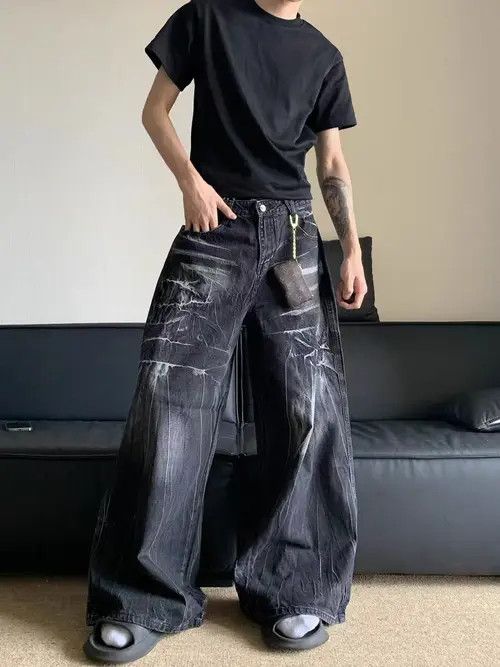 Japanese Brand × Jean Vintage washed and distressed lightning stripe baggy jeans Size US 34 / EU 50 - 2 Thumbnail